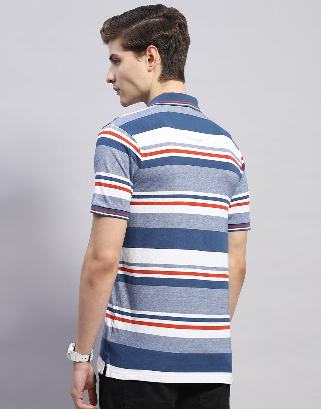 Men Blue Stripe Polo Collar Half Sleeve T-Shirt