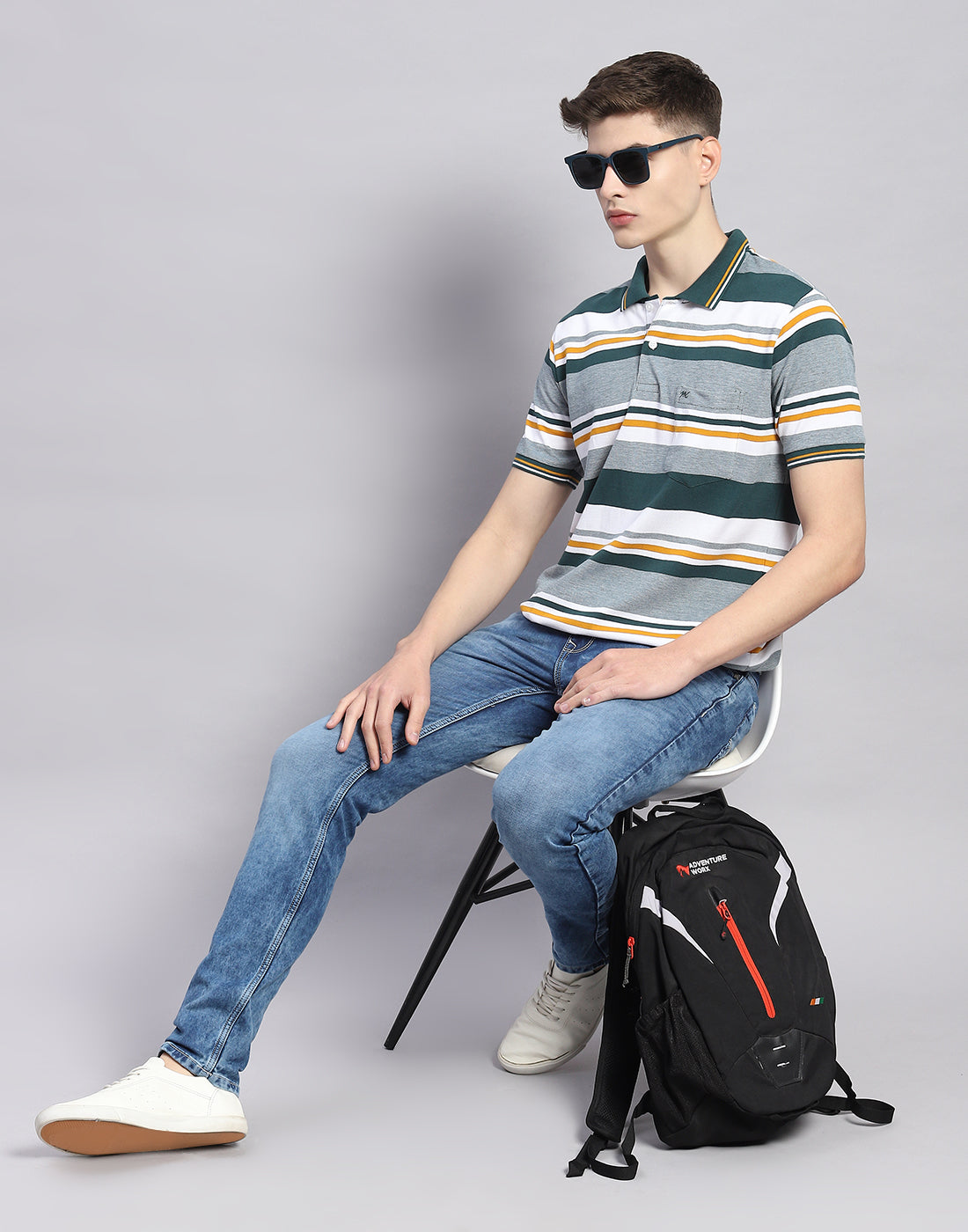 Men Green Stripe Polo Collar Half Sleeve T-Shirt