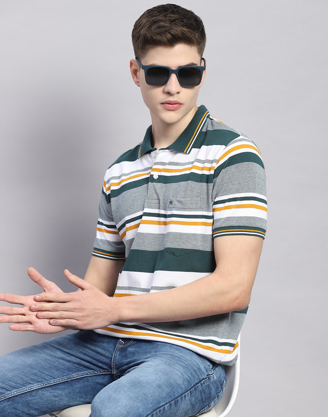 Men Green Stripe Polo Collar Half Sleeve T-Shirt