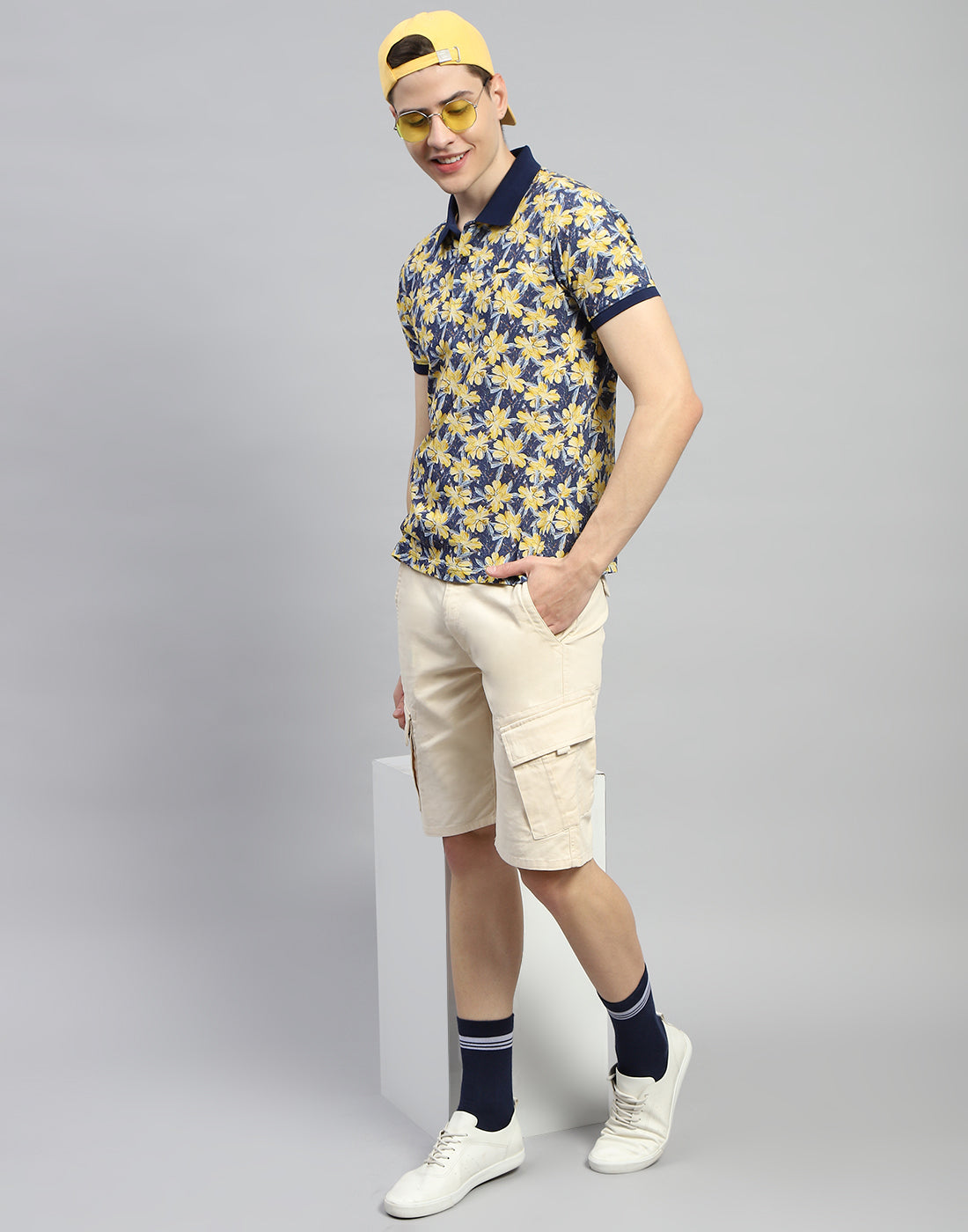 Men Navy Blue Printed Polo Collar Half Sleeve T-Shirt