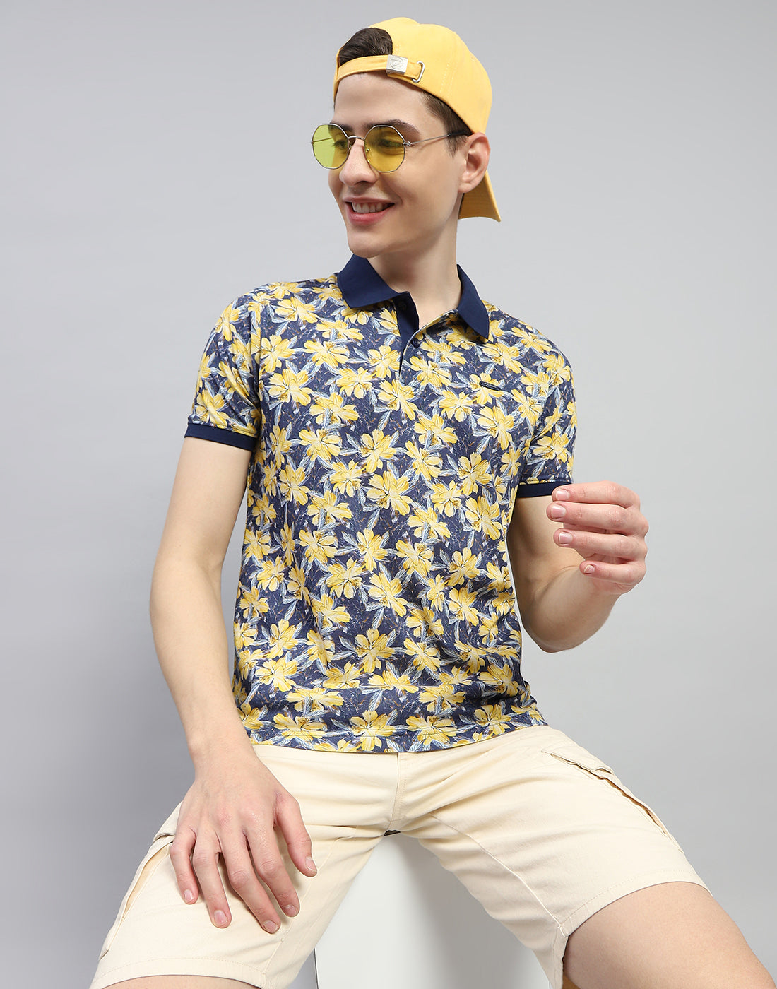 Men Navy Blue Printed Polo Collar Half Sleeve T-Shirt