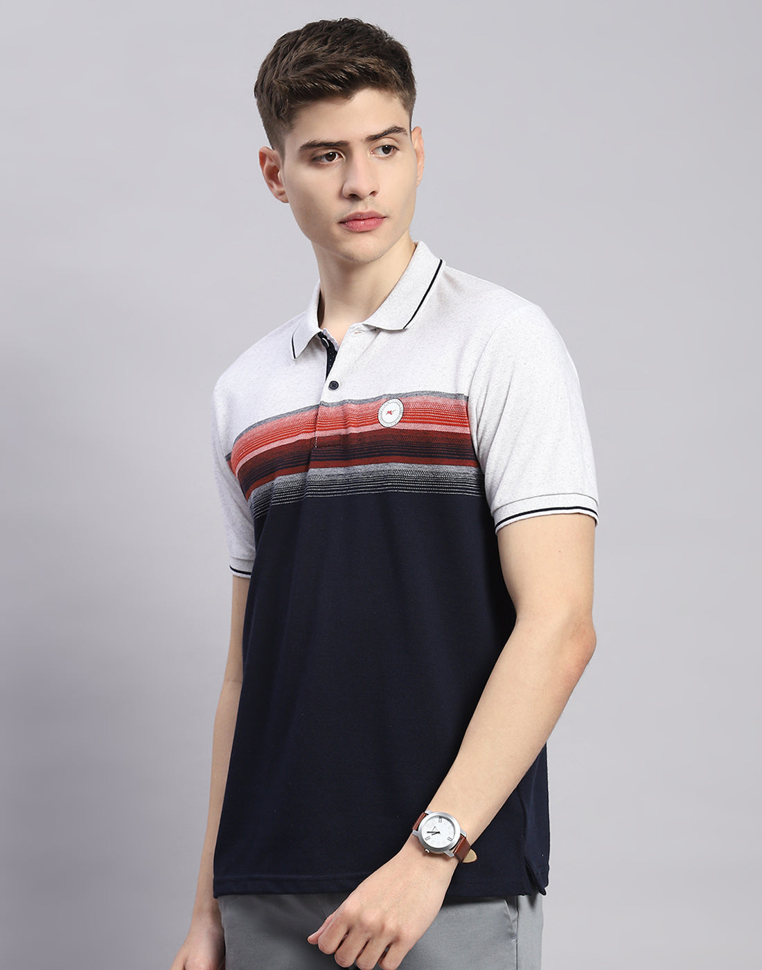 Men Navy Blue Stripe Polo Collar Half Sleeve T-Shirt
