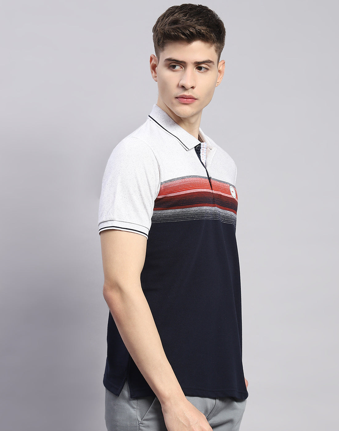 Men Navy Blue Stripe Polo Collar Half Sleeve T-Shirt