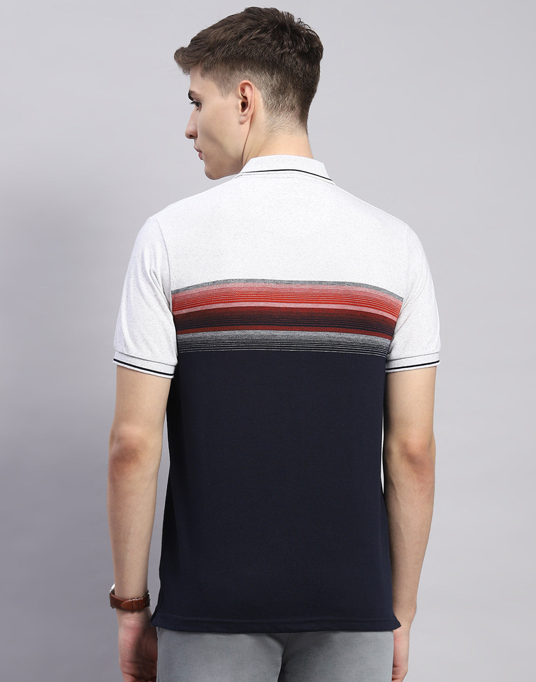 Men Navy Blue Stripe Polo Collar Half Sleeve T-Shirt