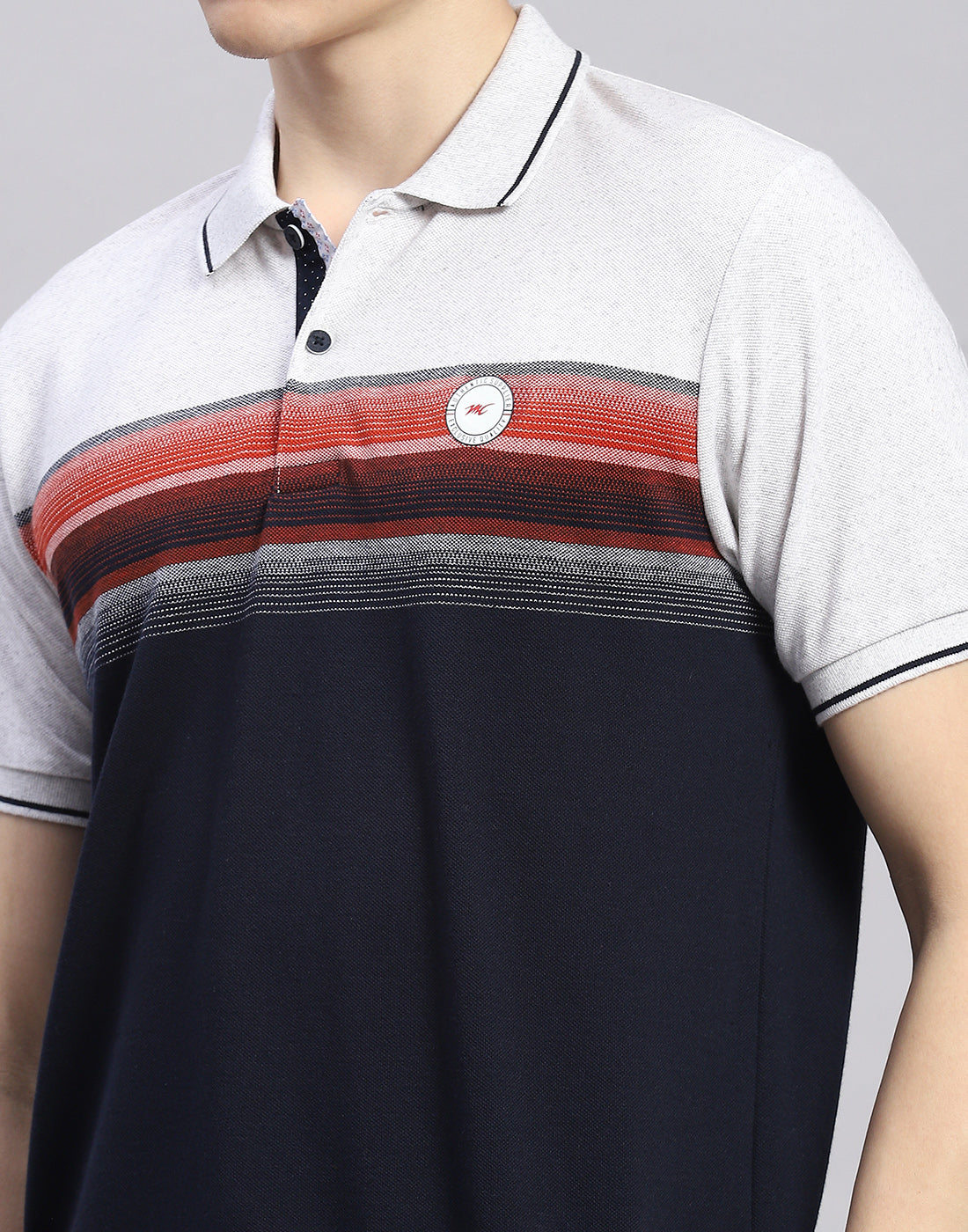 Men Navy Blue Stripe Polo Collar Half Sleeve T-Shirt