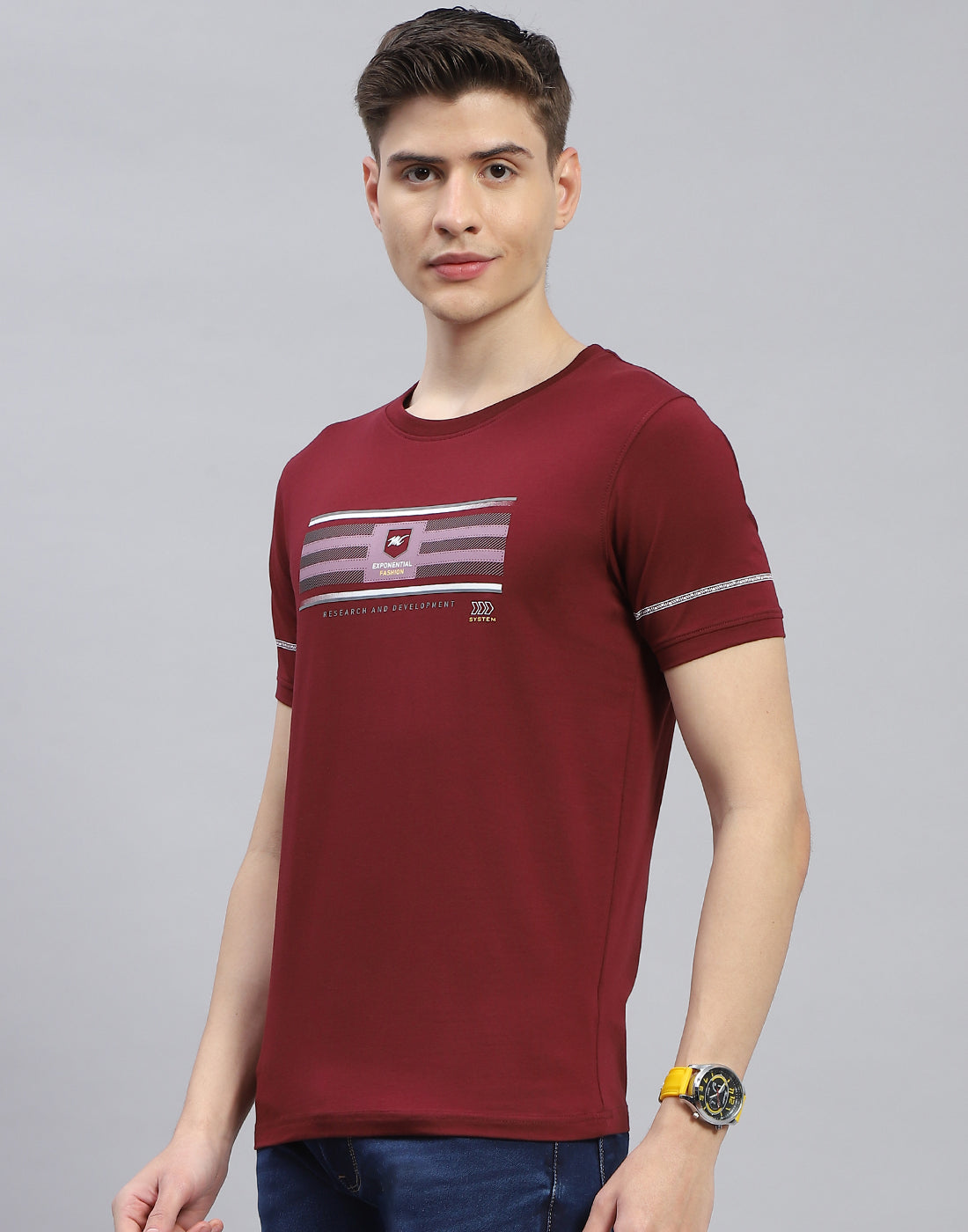 Men Maroon Printed Round Neck Half Sleeve T-Shirt