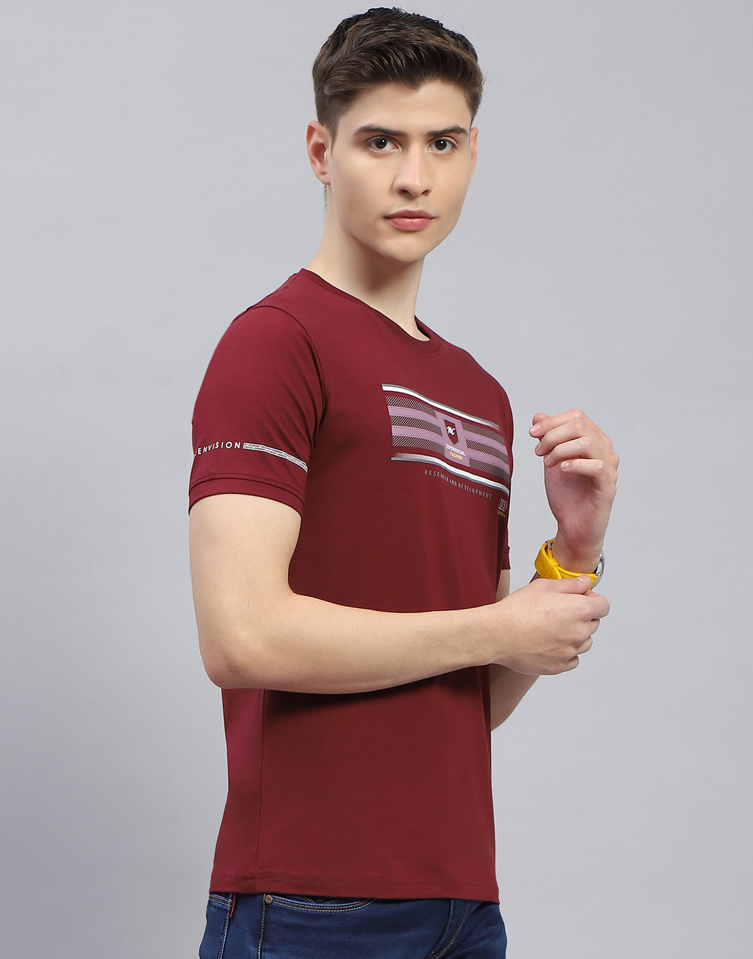 Men Maroon Printed Round Neck Half Sleeve T-Shirt