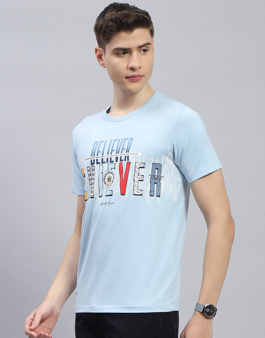 Men Blue Printed Round Neck Half Sleeve T-Shirt