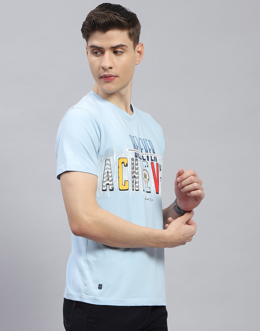 Men Blue Printed Round Neck Half Sleeve T-Shirt