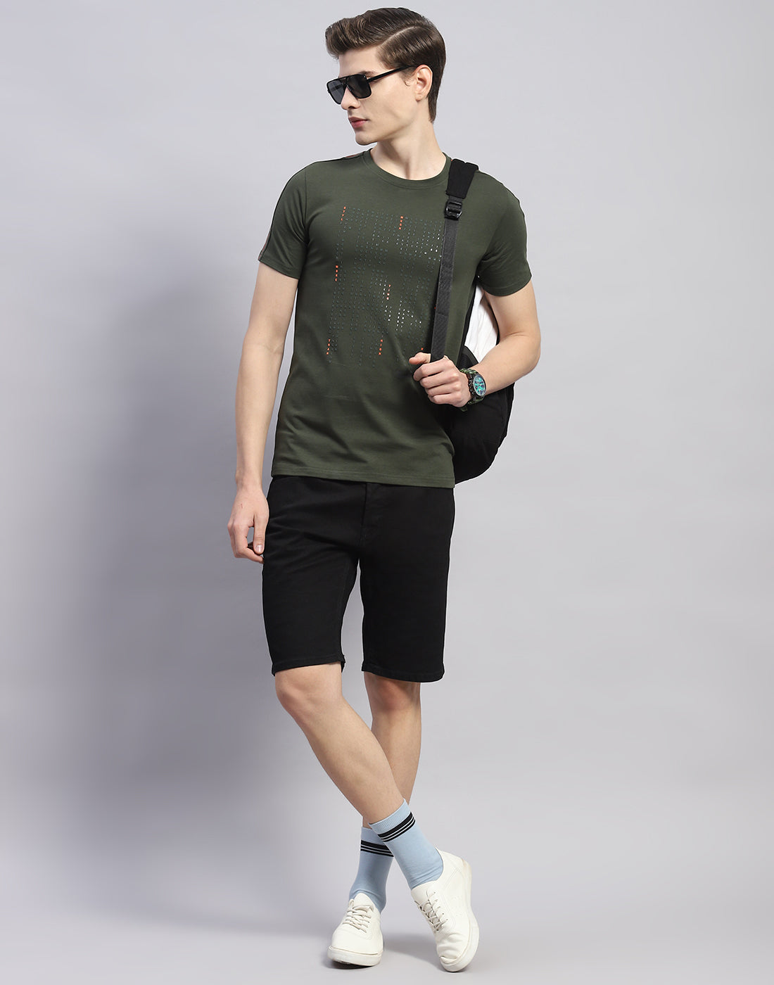 Men Olive Printed Round Neck Half Sleeve T-Shirt