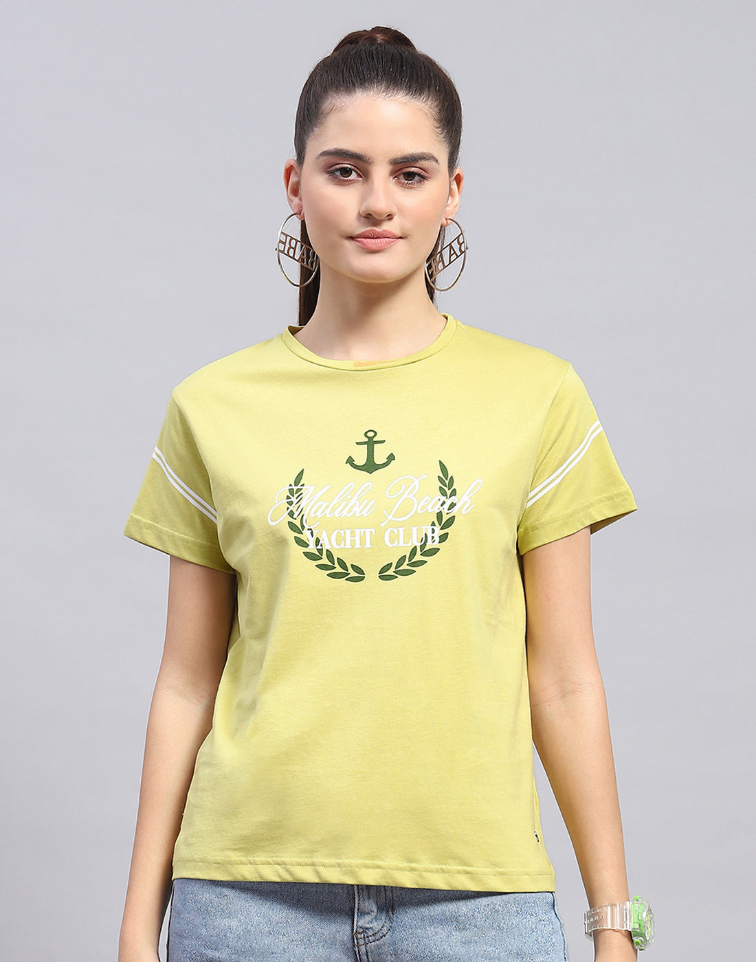 Women Lime Green Printed Round Neck Half Sleeve Top