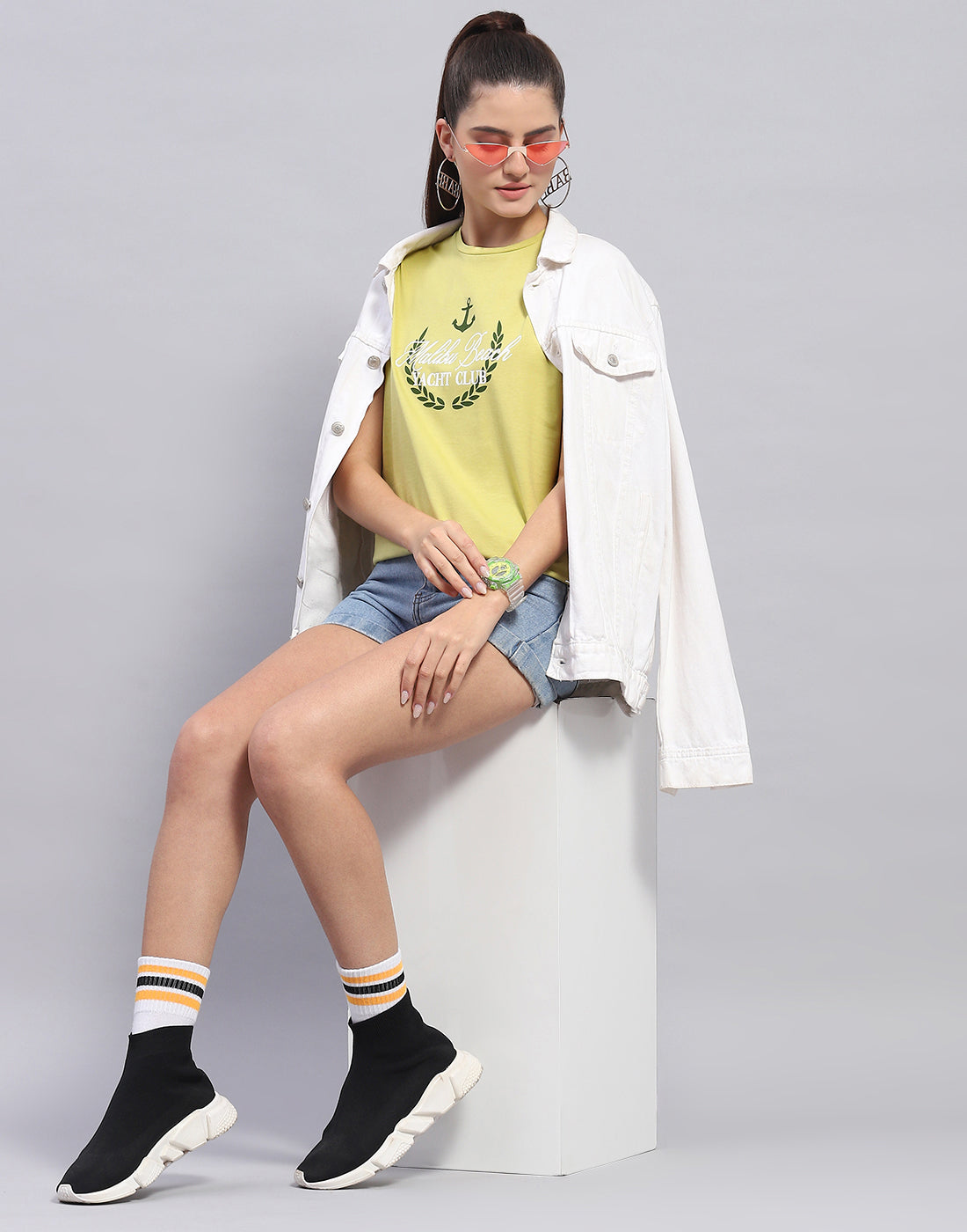 Women Lime Green Printed Round Neck Half Sleeve Top