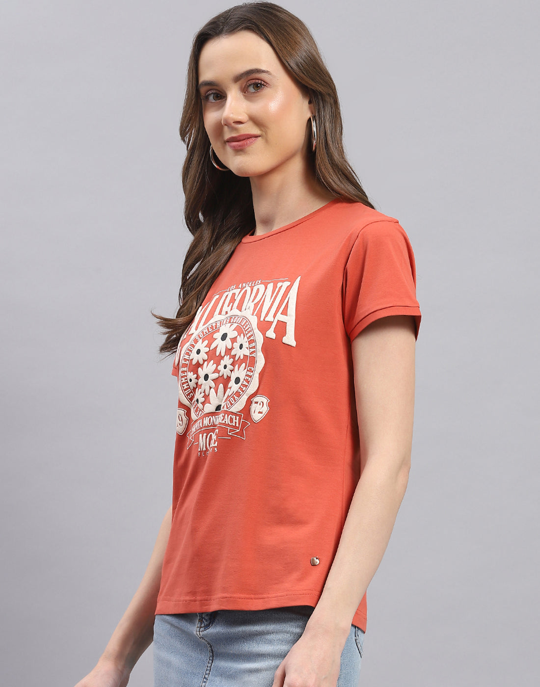 Women Rust Printed Round Neck Half Sleeve Top