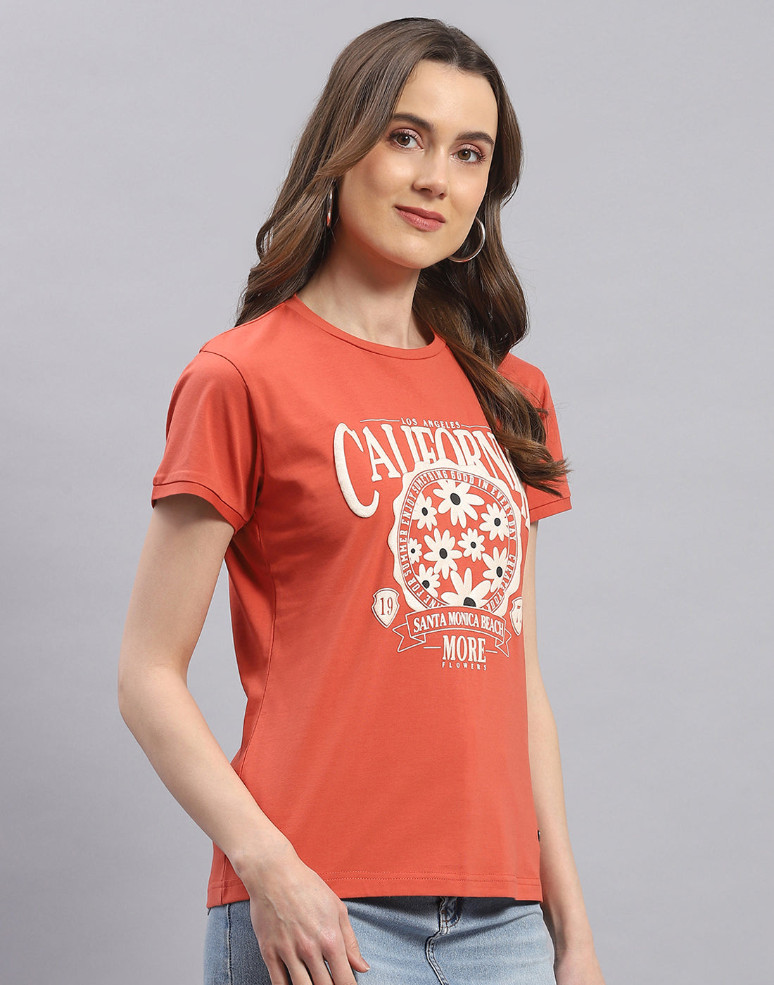 Women Rust Printed Round Neck Half Sleeve Top
