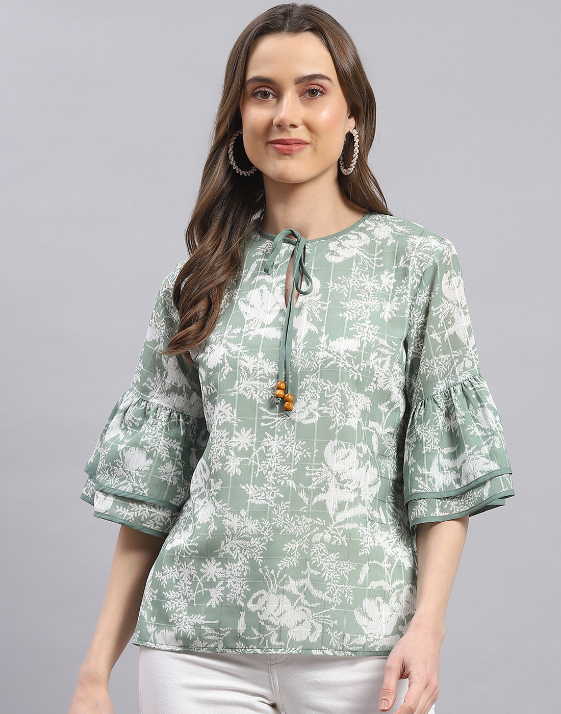 Women Green Printed Round Neck Half Sleeve Top