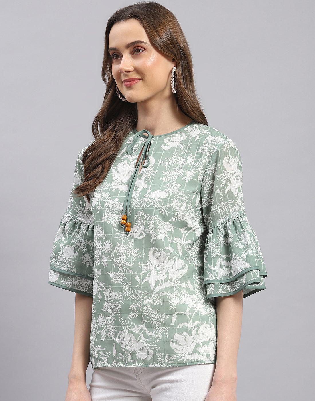 Women Green Printed Round Neck Half Sleeve Top
