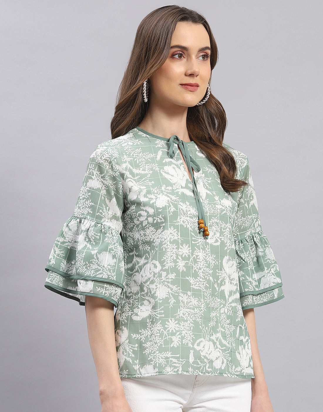 Women Green Printed Round Neck Half Sleeve Top