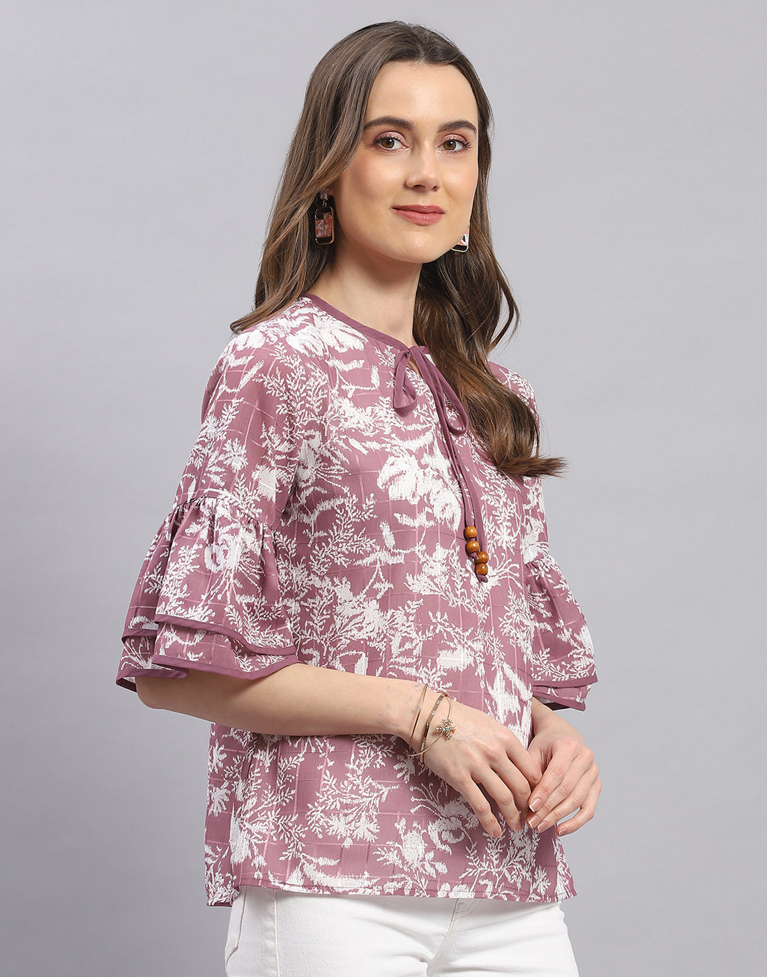Women Mauve Printed Round Neck Half Sleeve Top