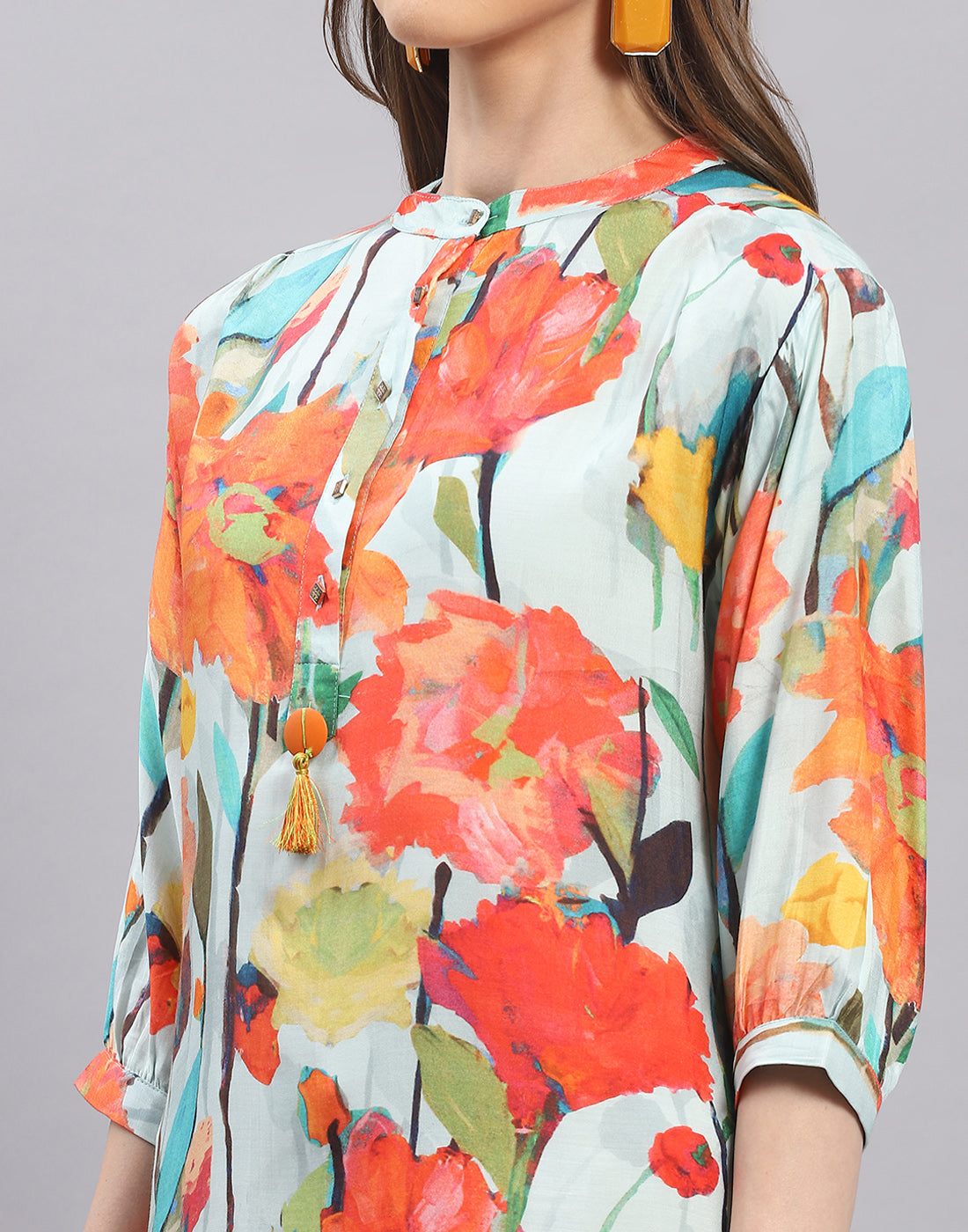 Women Blue Printed Mandarin Collar Half Sleeve Tunic