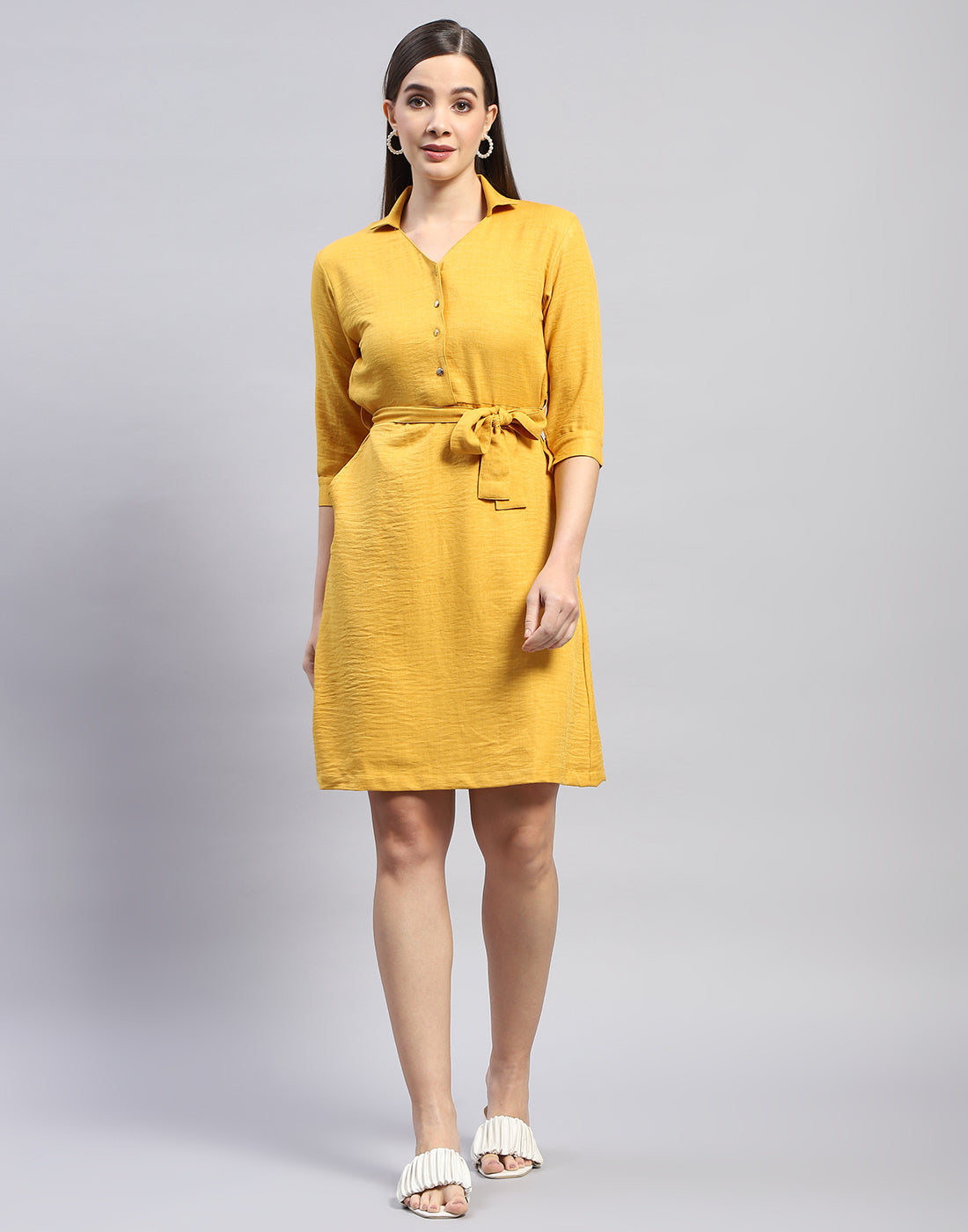 Women Yellow Solid Collar Neck Tunic