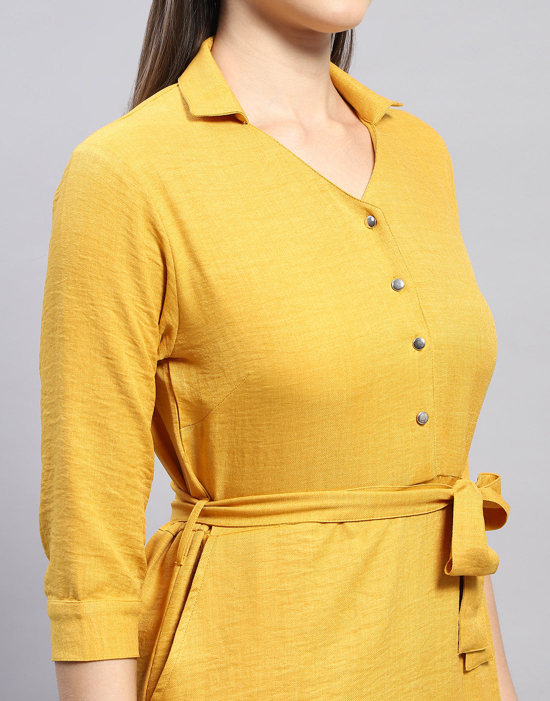 Women Yellow Solid Collar Neck Tunic