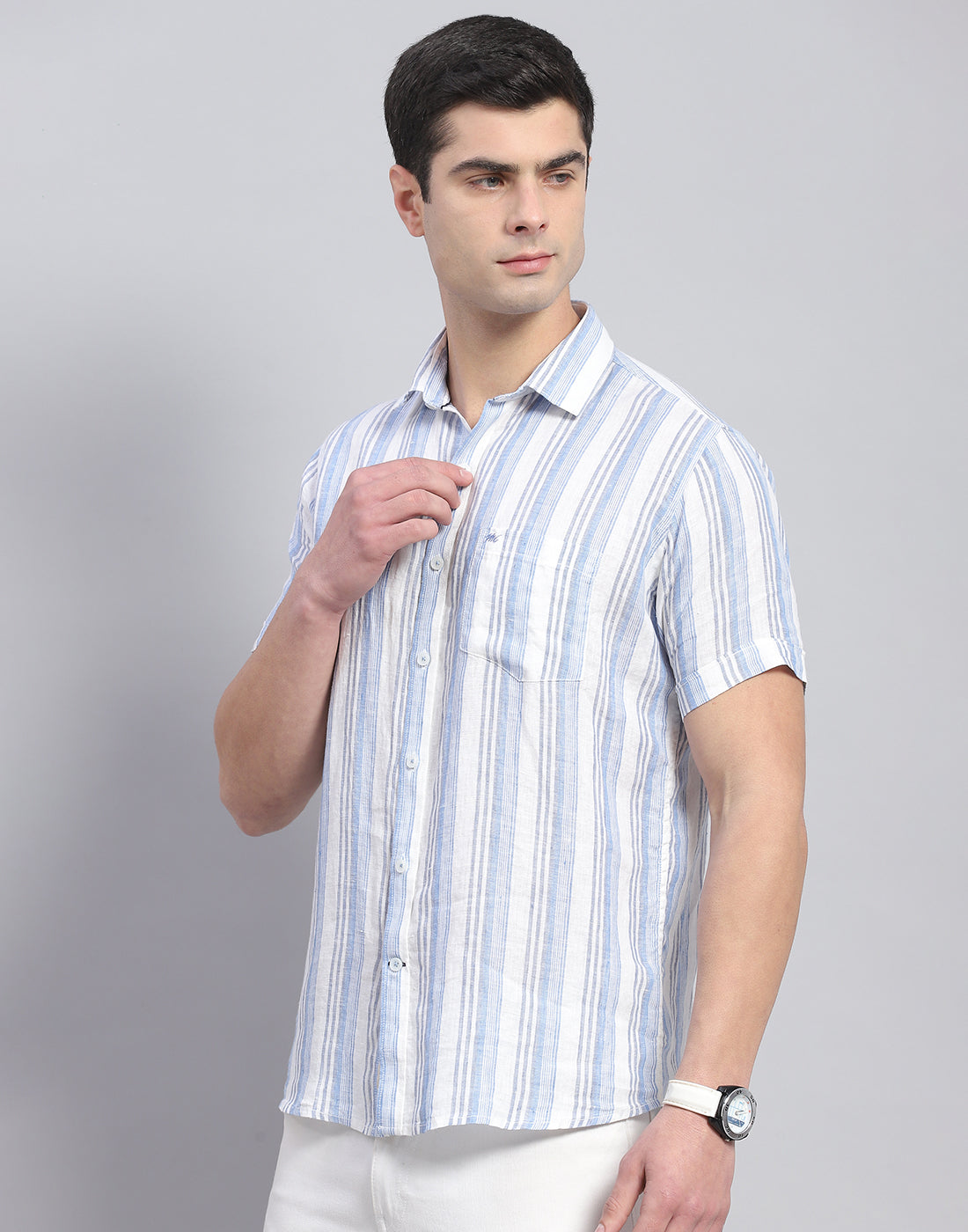 Men Blue Stripe Collar Half Sleeve Linen Shirt
