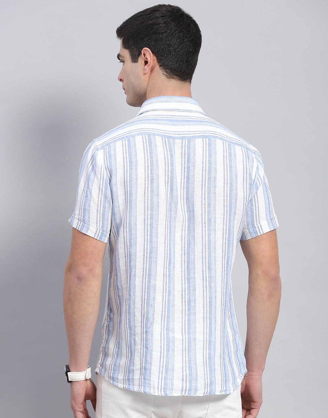 Men Blue Stripe Collar Half Sleeve Linen Shirt