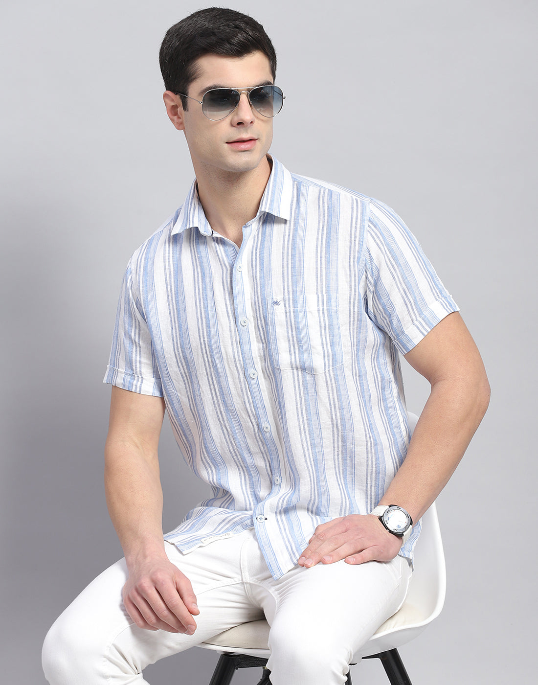 Men Blue Stripe Collar Half Sleeve Linen Shirt