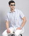 Men Blue Stripe Collar Half Sleeve Linen Shirt