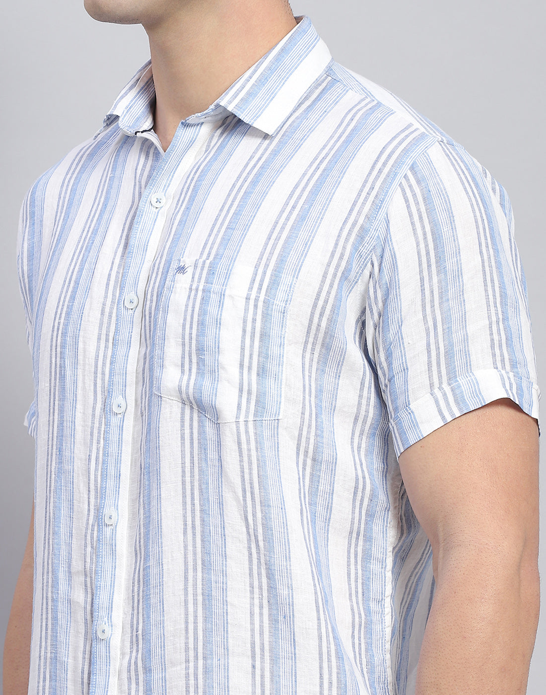 Men Blue Stripe Collar Half Sleeve Linen Shirt