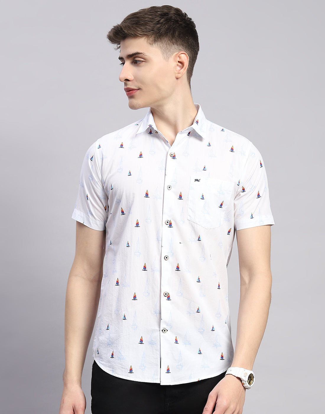 Men White Printed Collar Half Sleeve Shirt