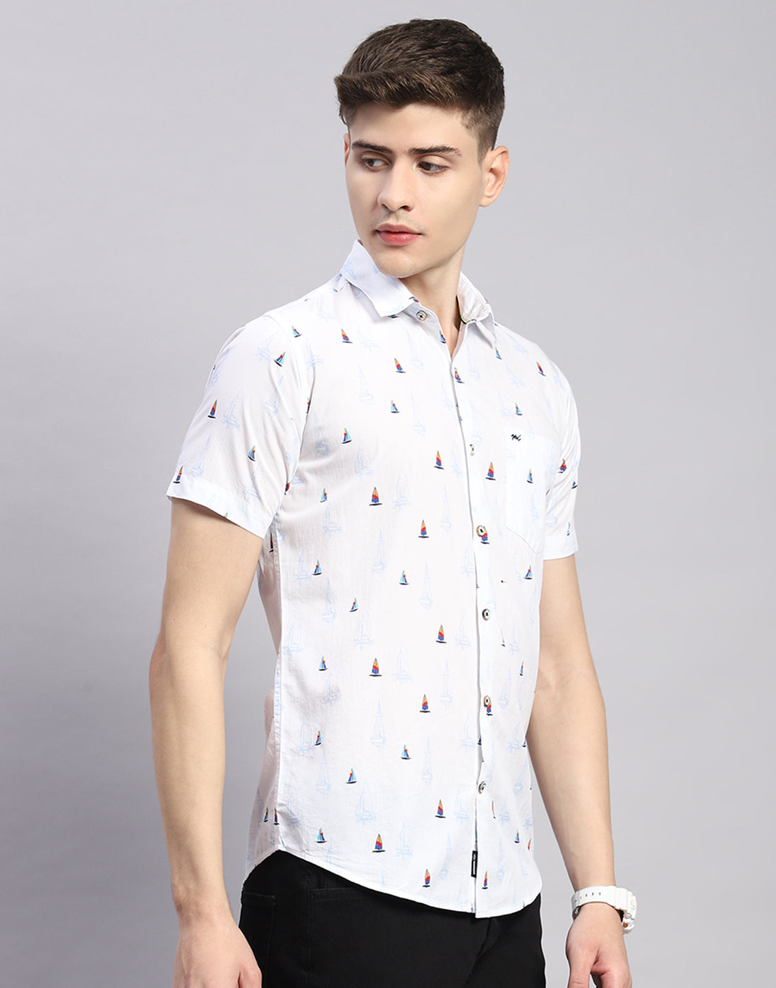 Men White Printed Collar Half Sleeve Shirt