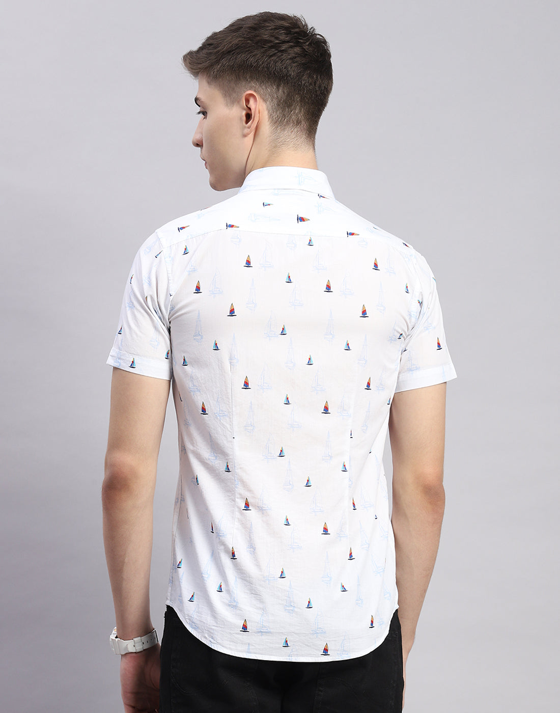 Men White Printed Collar Half Sleeve Shirt