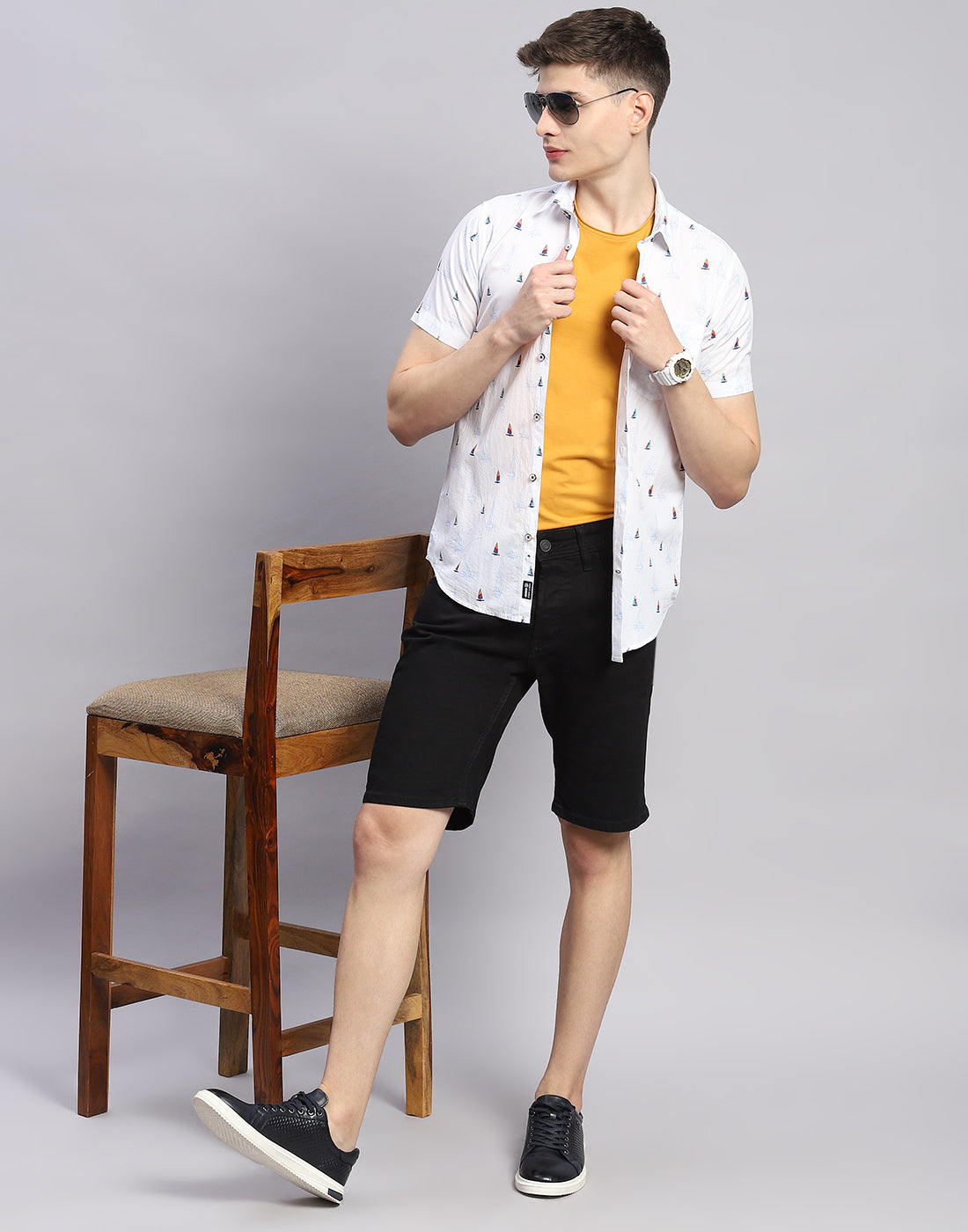 Men White Printed Collar Half Sleeve Shirt