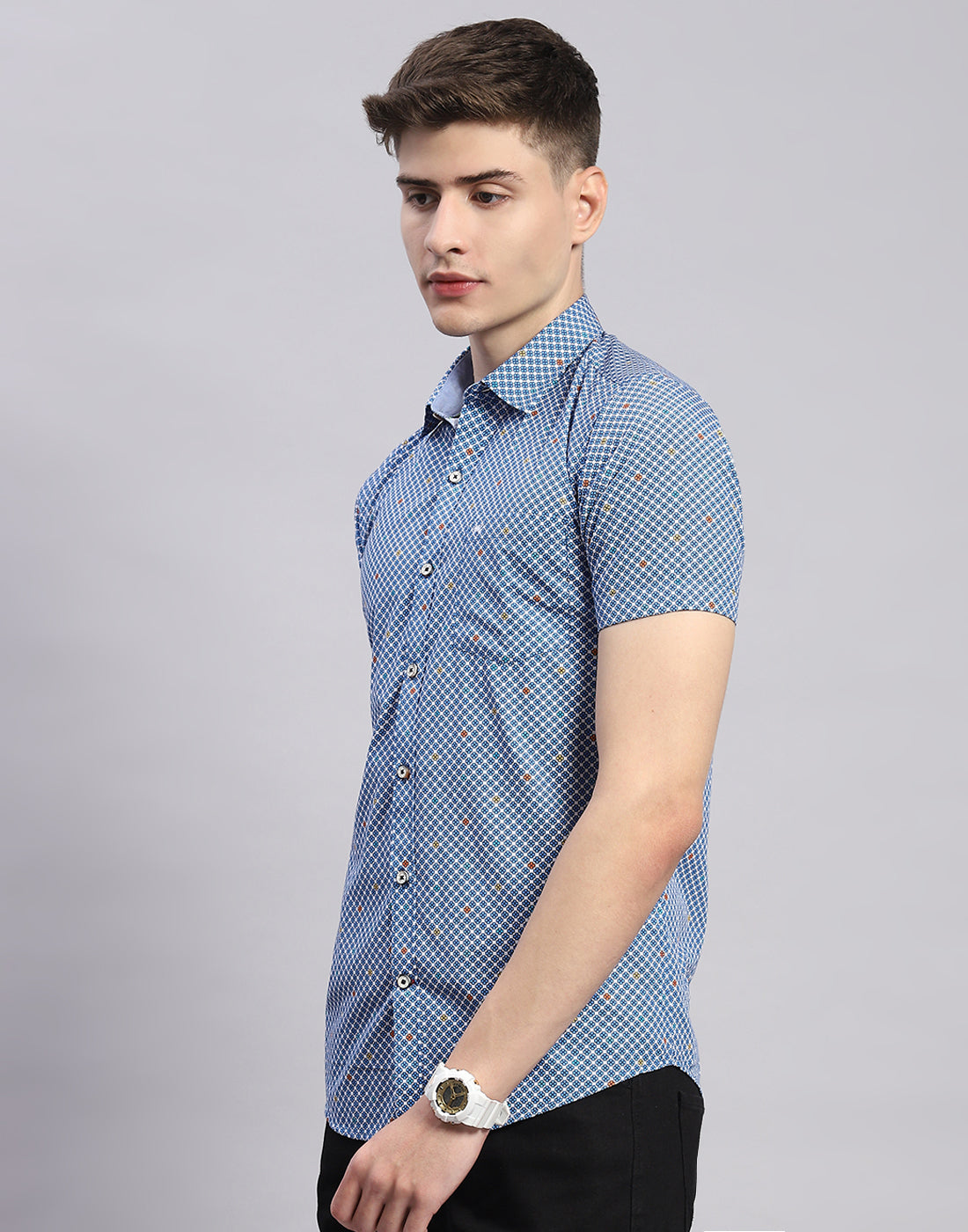 Men Blue Printed Collar Half Sleeve Shirt
