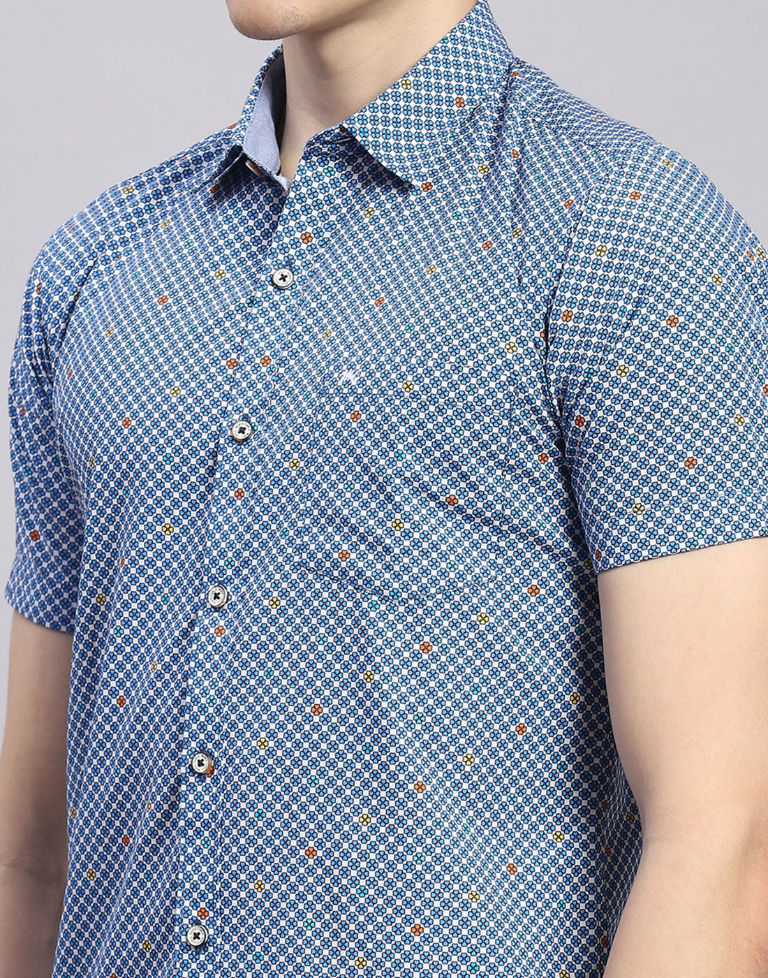 Men Blue Printed Collar Half Sleeve Shirt