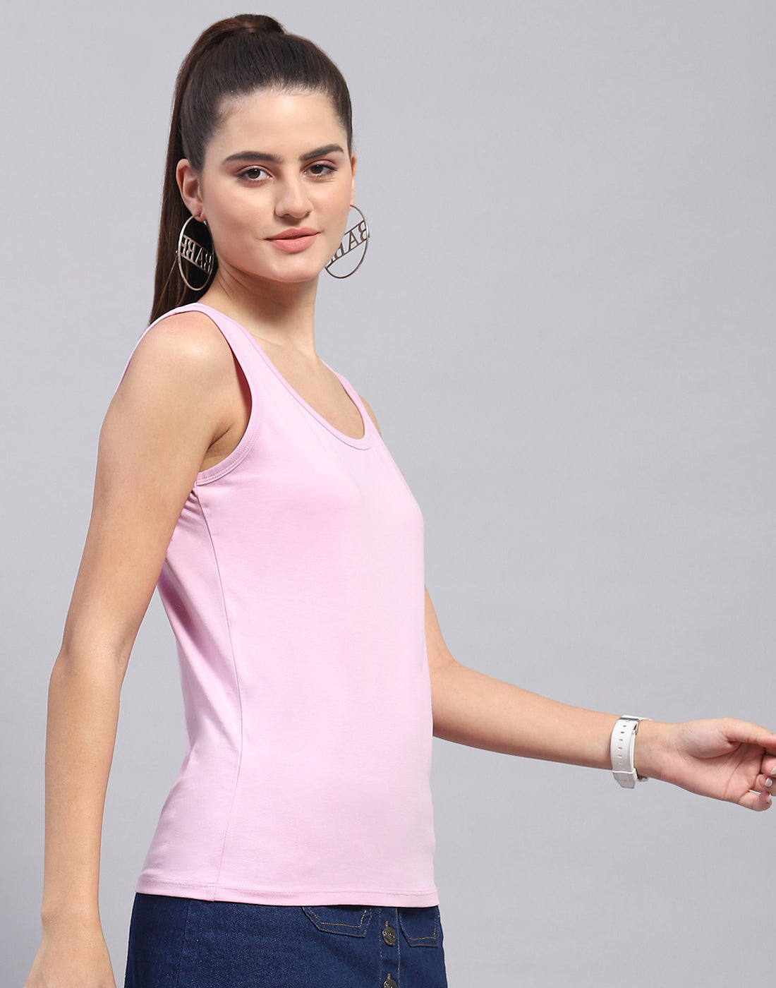 Women Pink Solid Round Neck Sleeveless Top