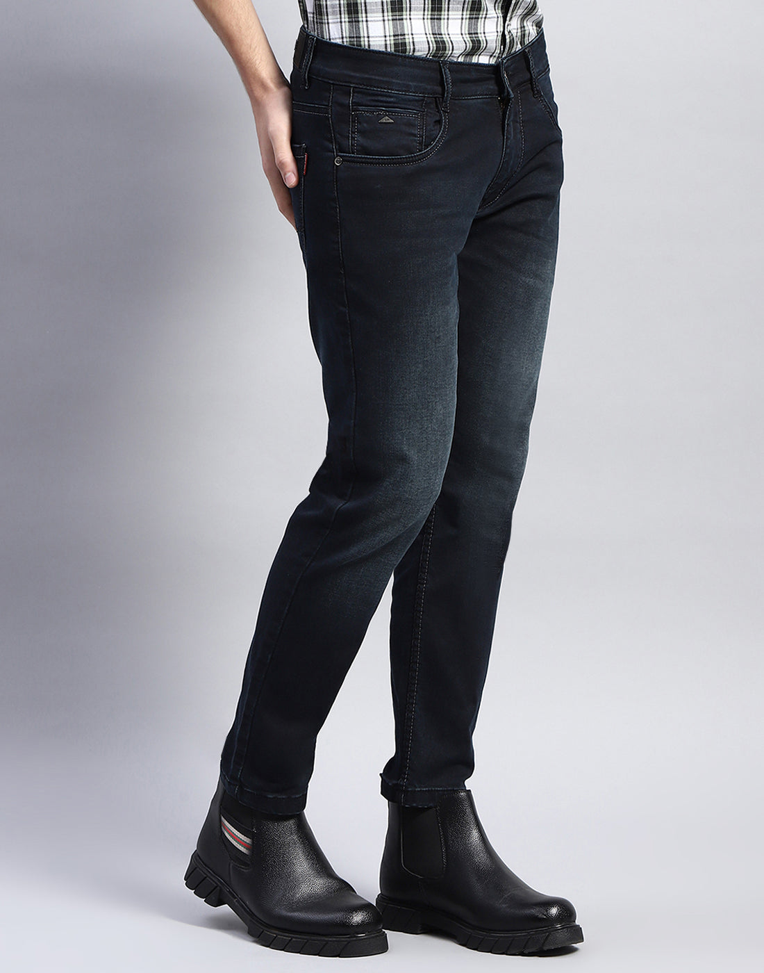 Men Navy Blue Light Wash Ankle Length Denim