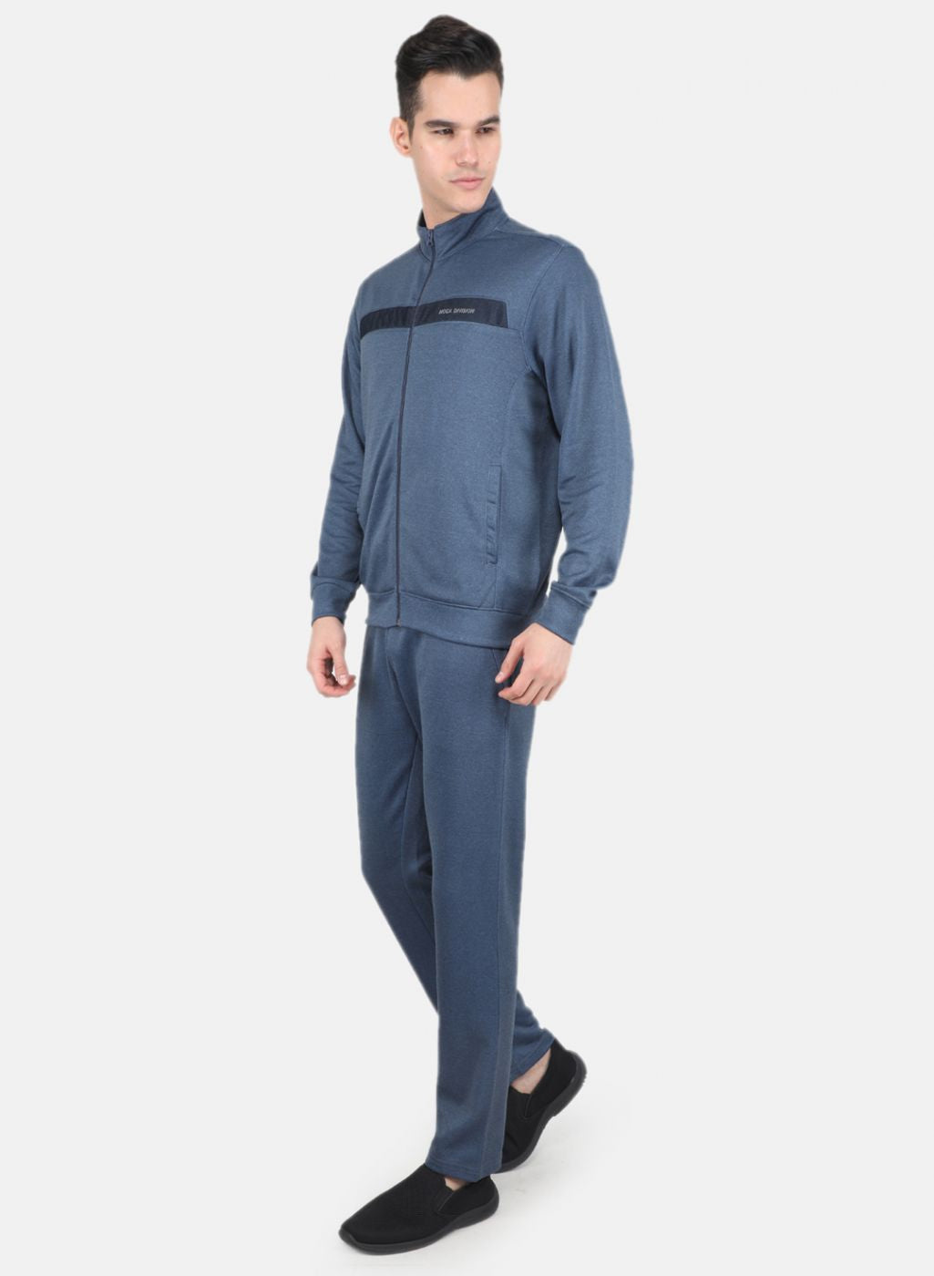 Men Blue Solid Mock Neck Full Sleeve Tracksuit
