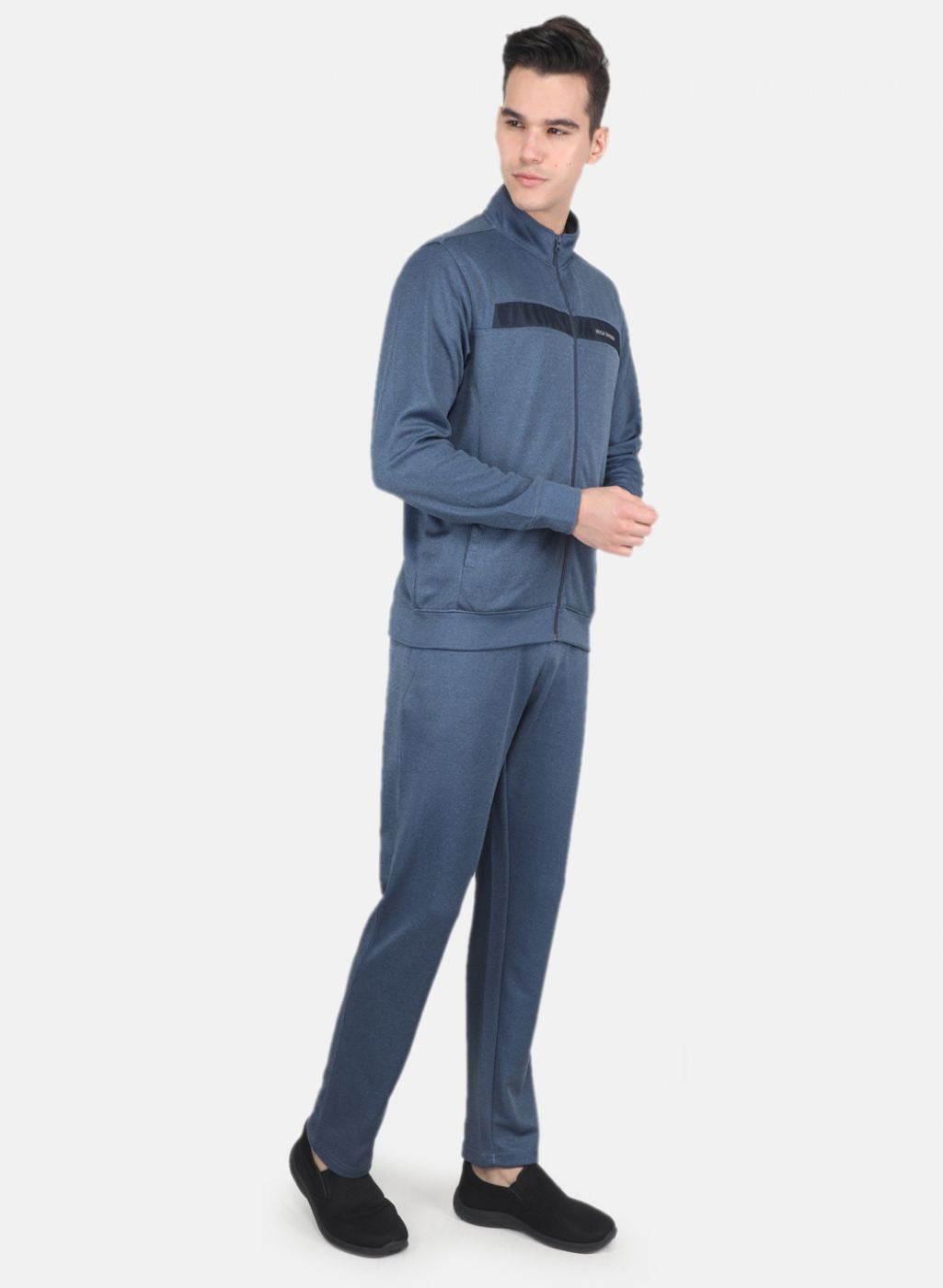 Men Blue Solid Mock Neck Full Sleeve Tracksuit