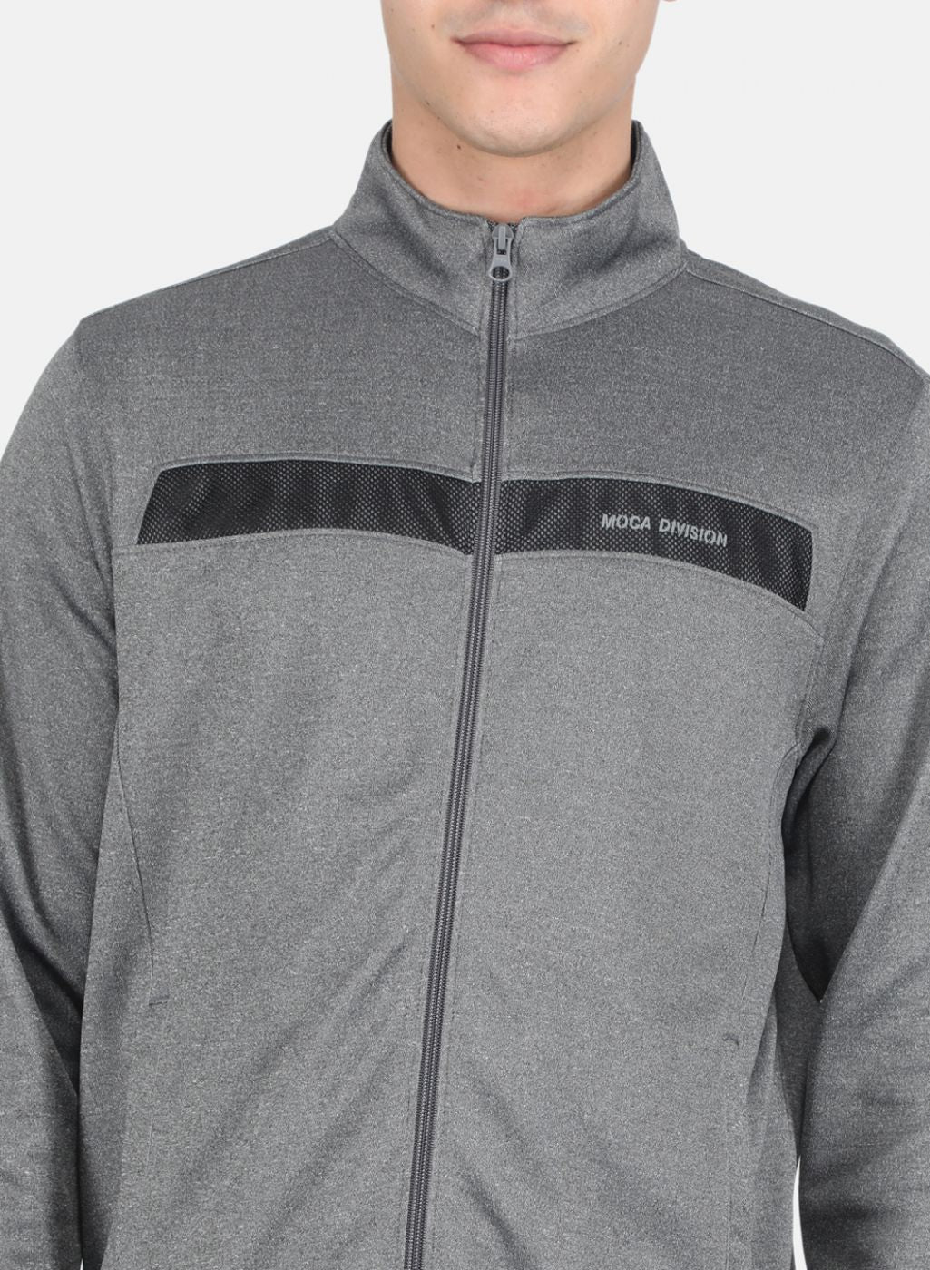 Men Grey Solid Mock Neck Full Sleeve Tracksuit