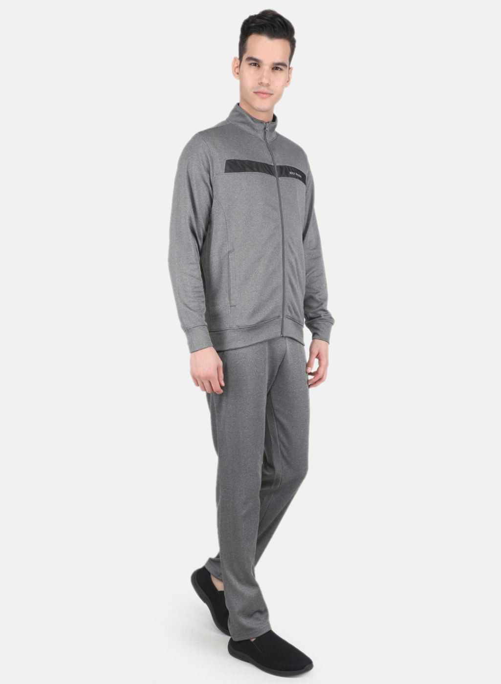Men Grey Solid Mock Neck Full Sleeve Tracksuit