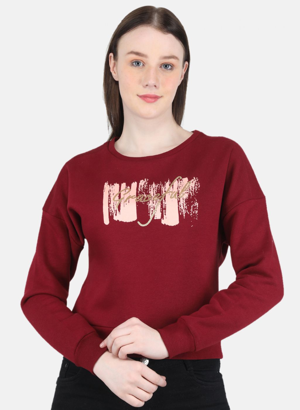 Women Maroon Printed Sweatshirt