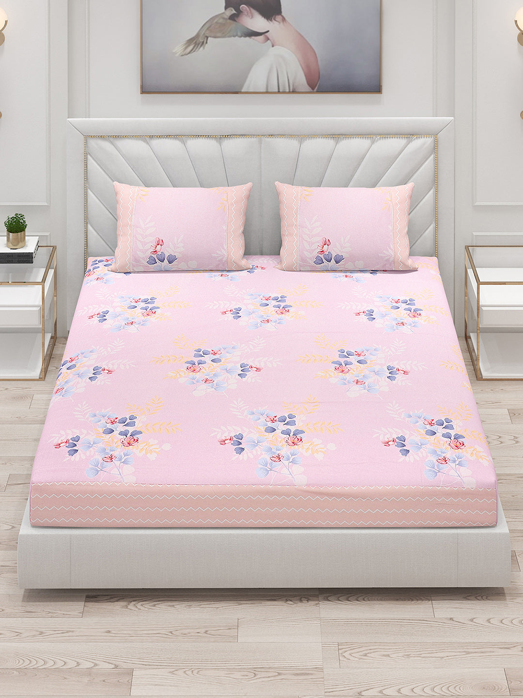 130 GSM Polyester Double Bed Bedsheet with 2 Pillow Covers
