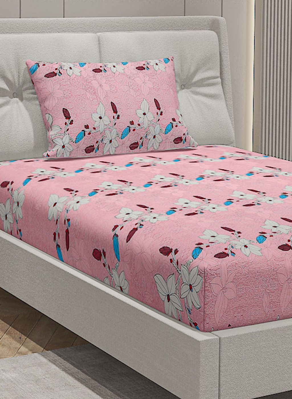 144TC Pure Cotton Single Bedsheet with 1 Pillow Covers