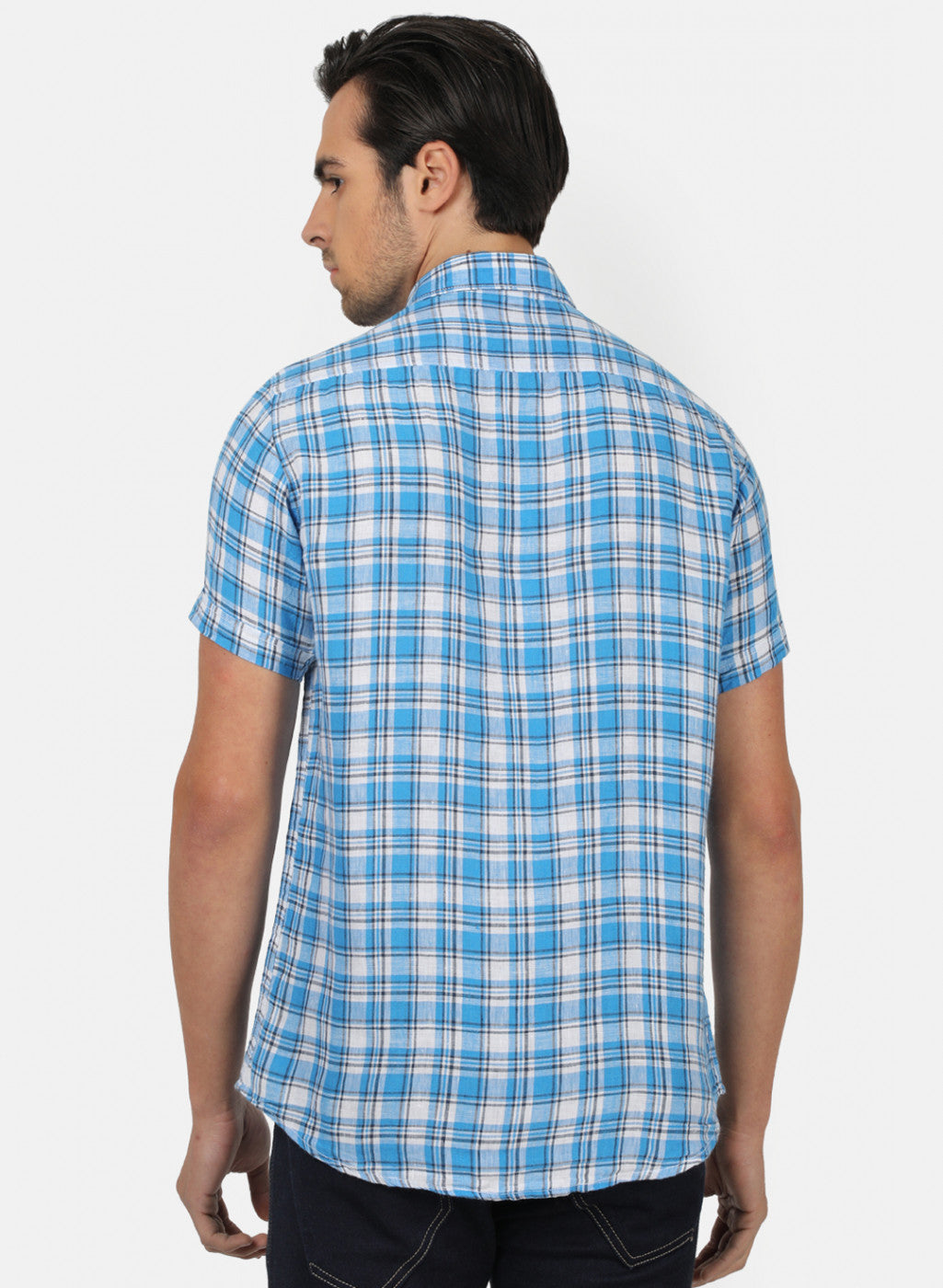 Men Blue Check Linen Shirt