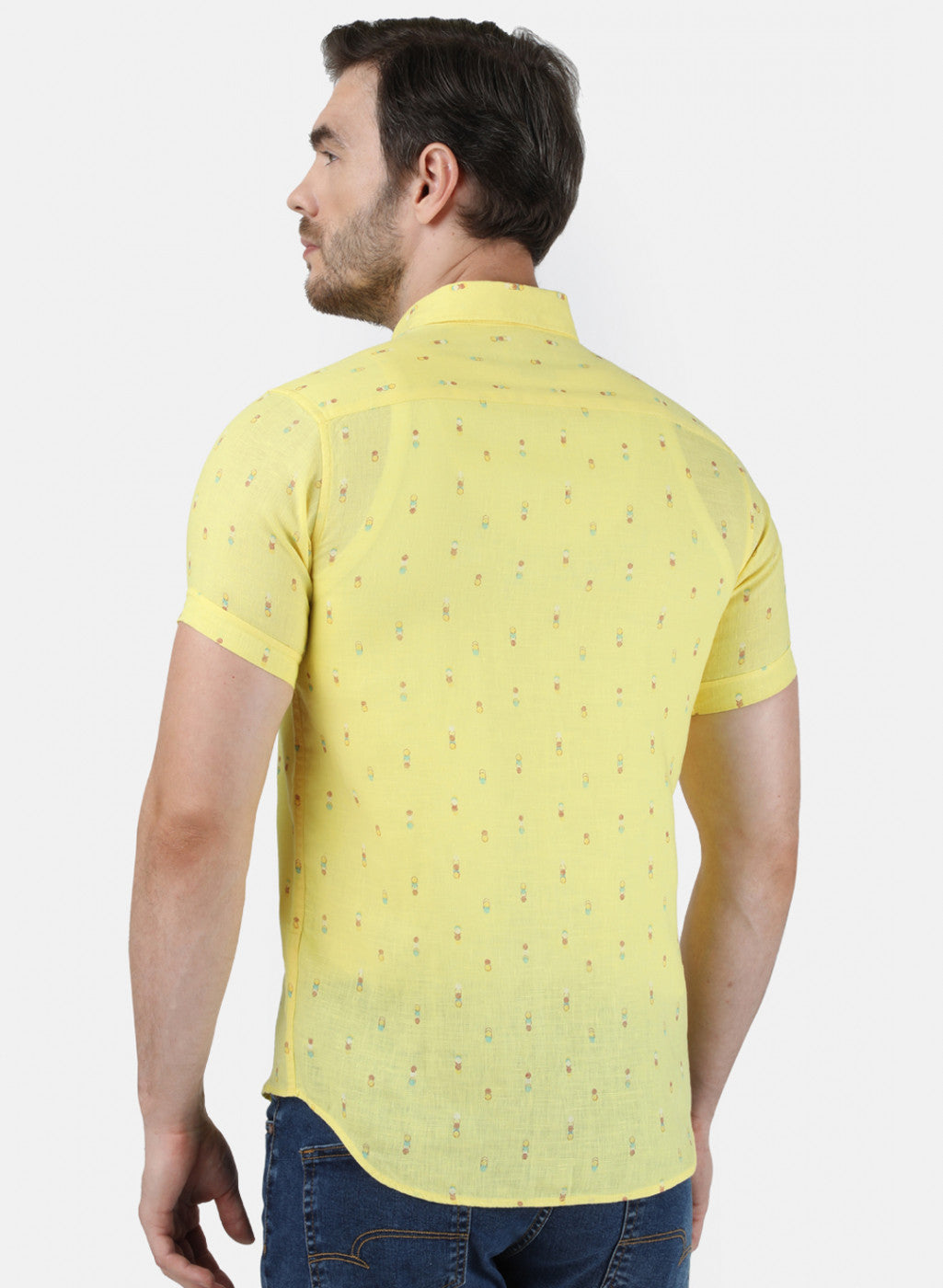 Mens Yellow Printed Linen Shirt