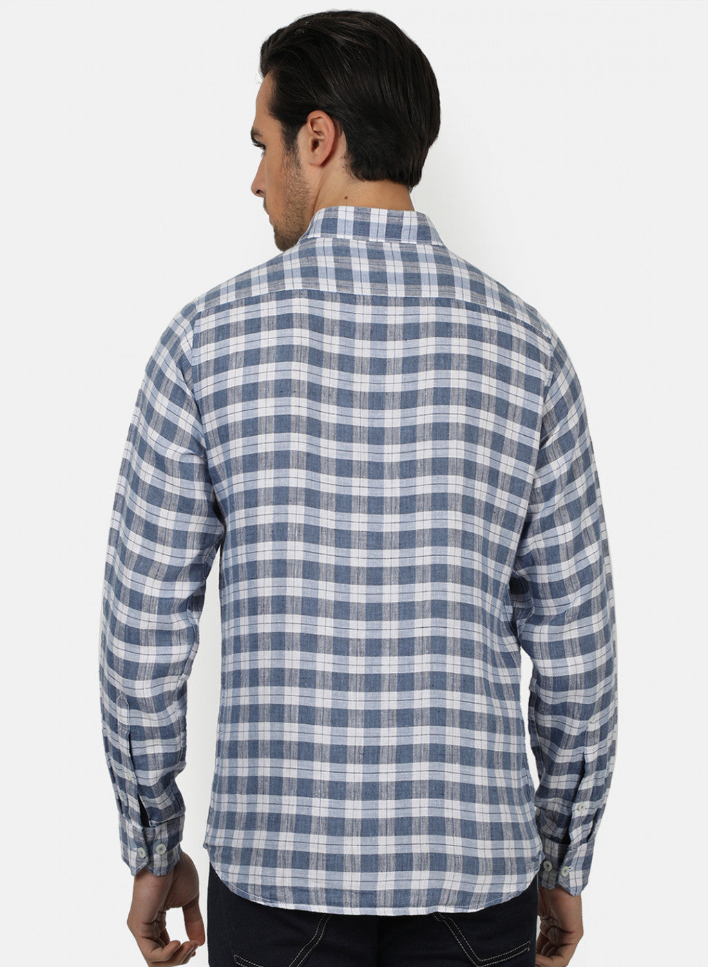 Men Blue Check Linen Shirt