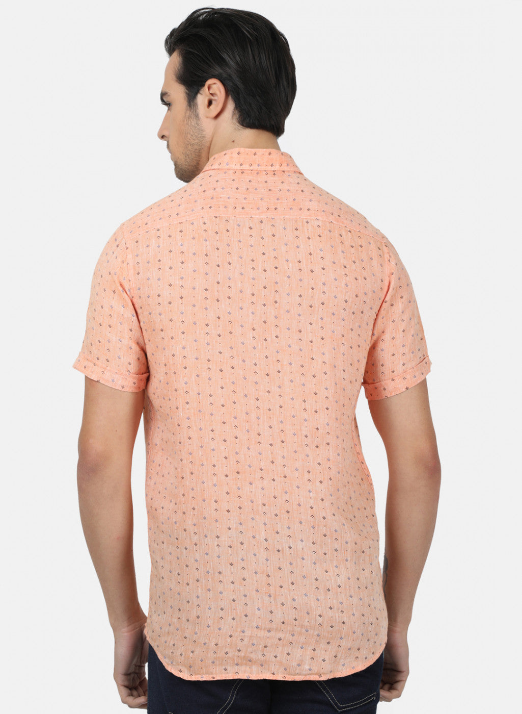 Men Light Orange Printed Linen Shirt