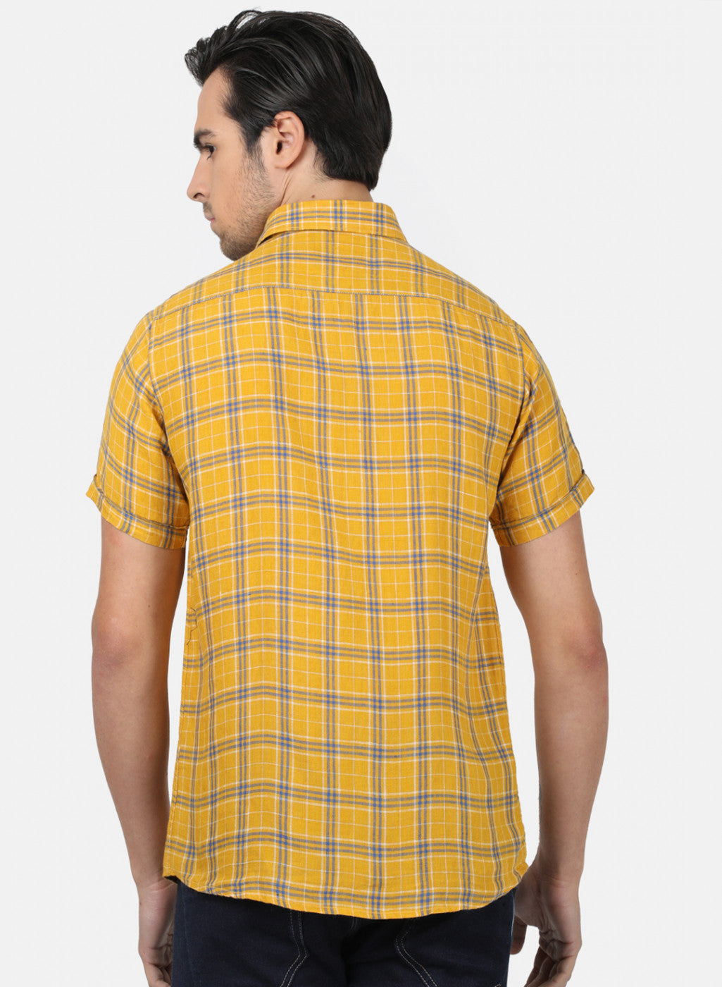 Men Mustard Check Linen Shirt